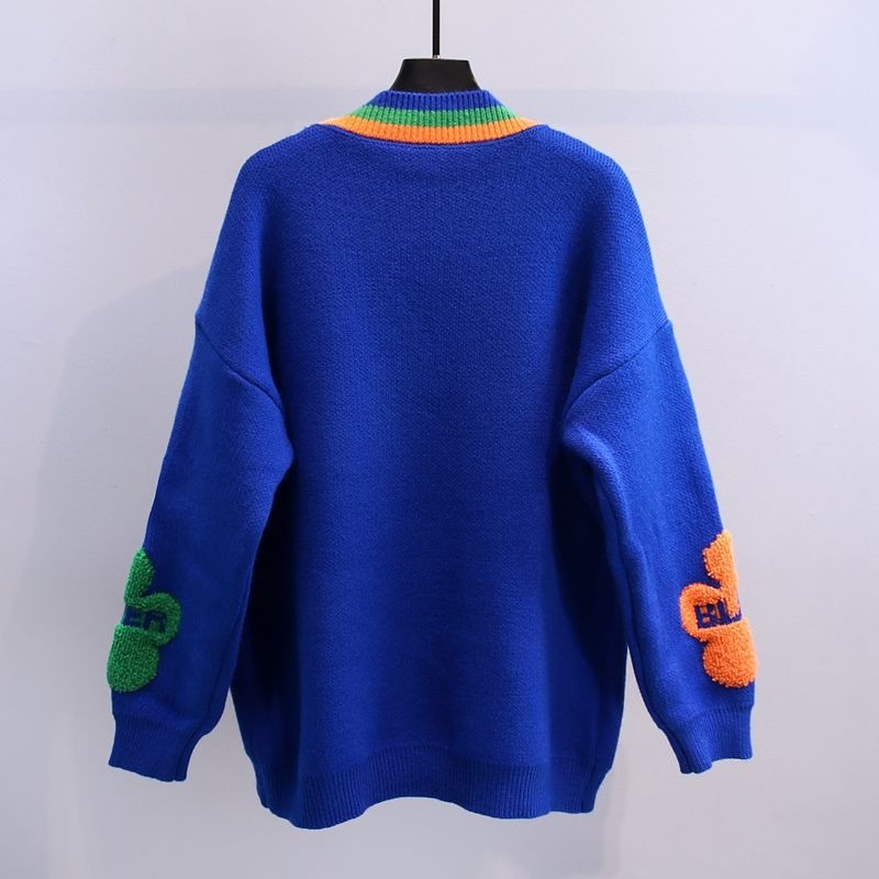 Women's chunky knit cardigan with floral appliqués fun style - Ingrid