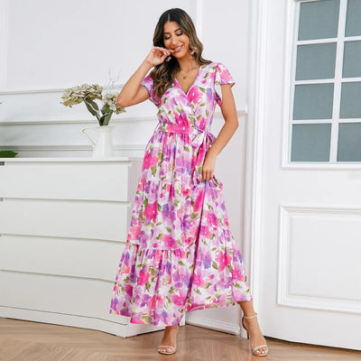 Floral long dress with flowing cross over style - Zulma