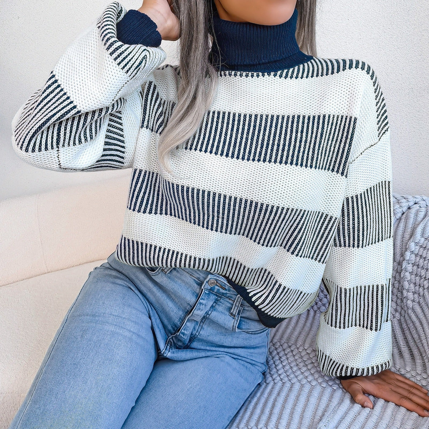 Women's wide striped knitted turtleneck sweater - Elsy