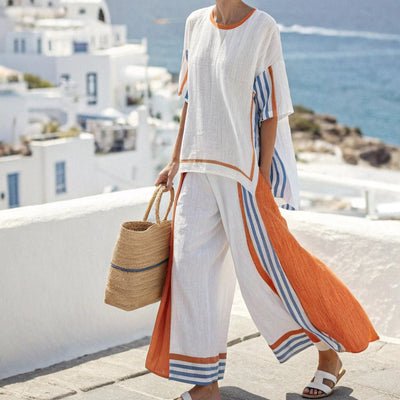 Mediterranean style wide striped linen set for women - Danae