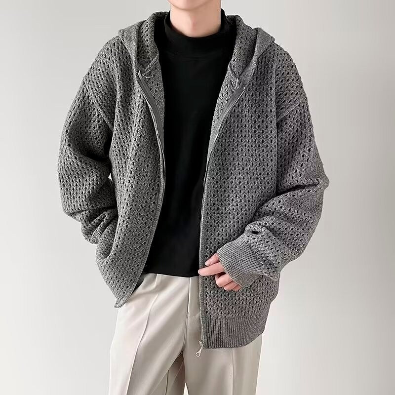 Men's openwork knitted cardigan with hood and zipper - Niro
