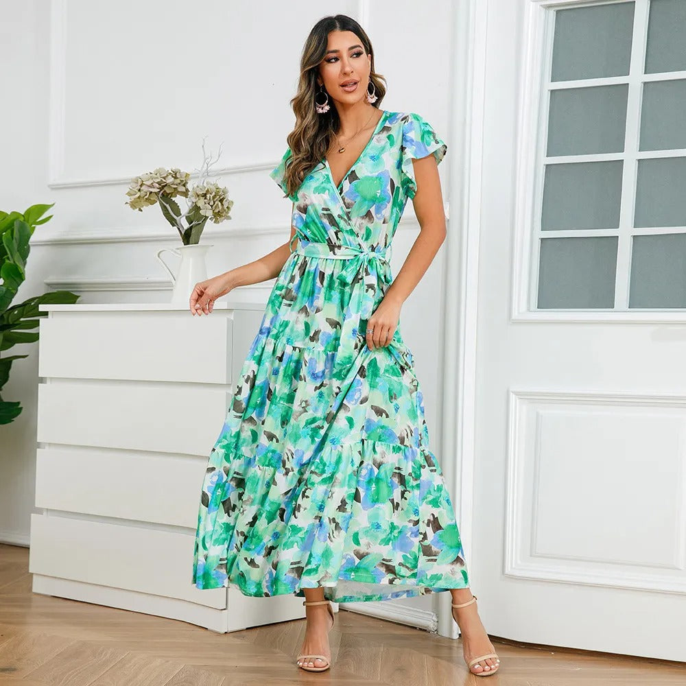 Floral long dress with flowing cross over style - Zulma