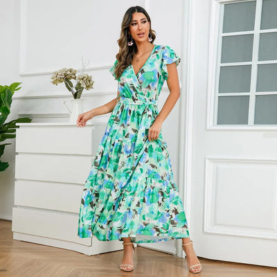 Floral long dress with flowing cross over style - Zulma