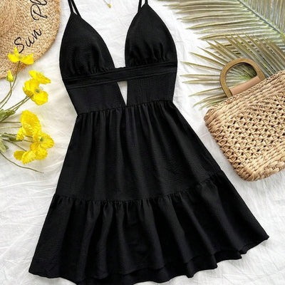 Women's short dress with pleated animal print straps - Enara