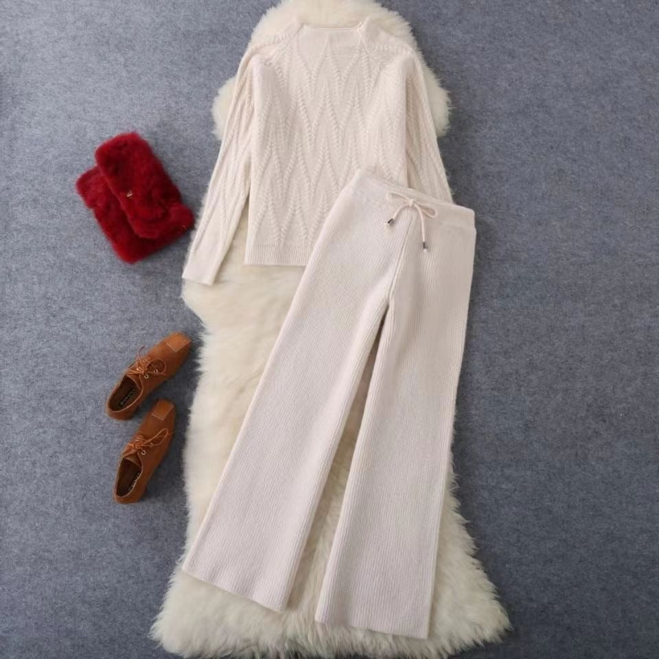 Women's knitted braided sweater and wide pants set - Melis