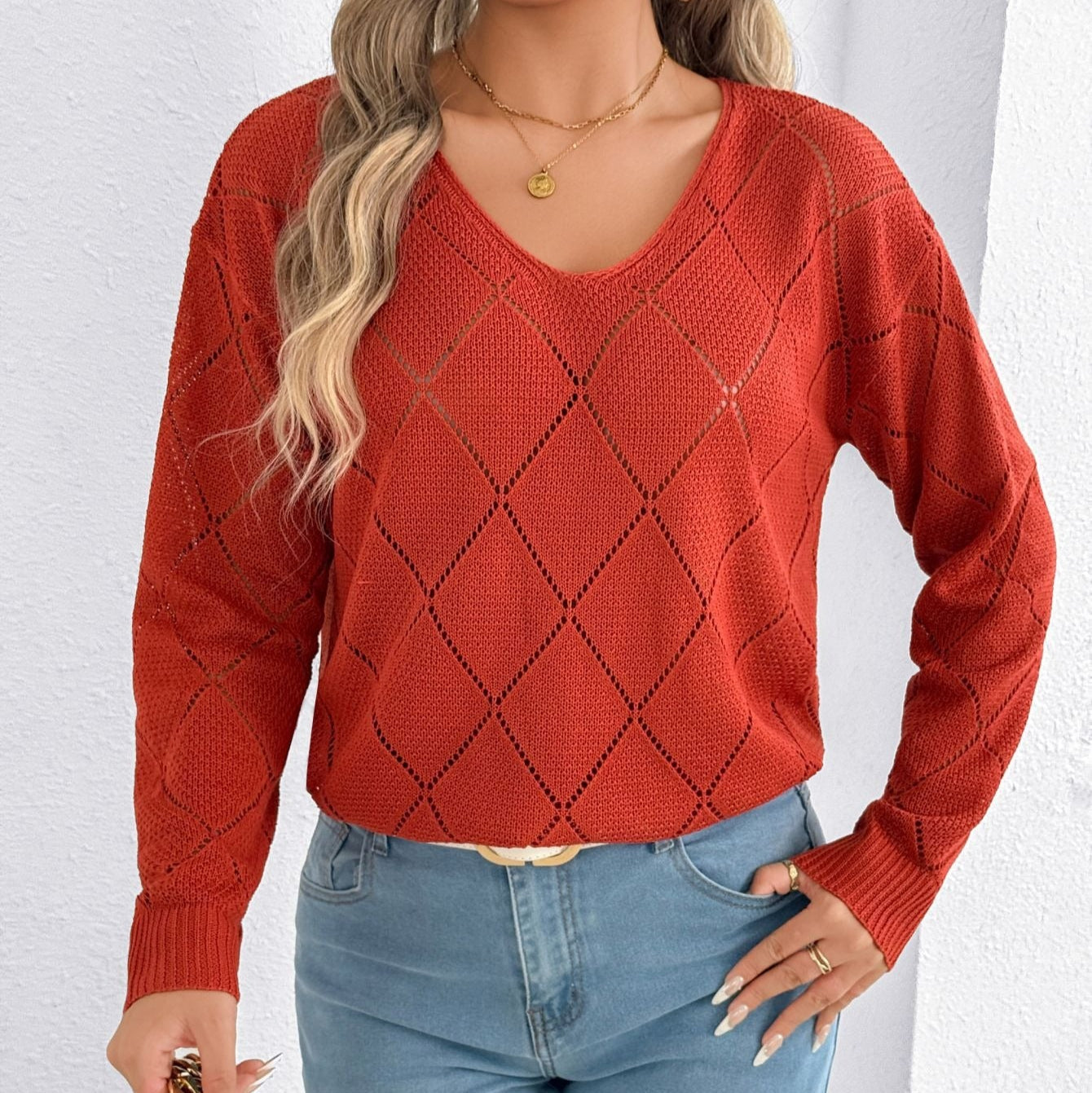 Openwork sweater V-neck V-neck diamond pattern - Anette