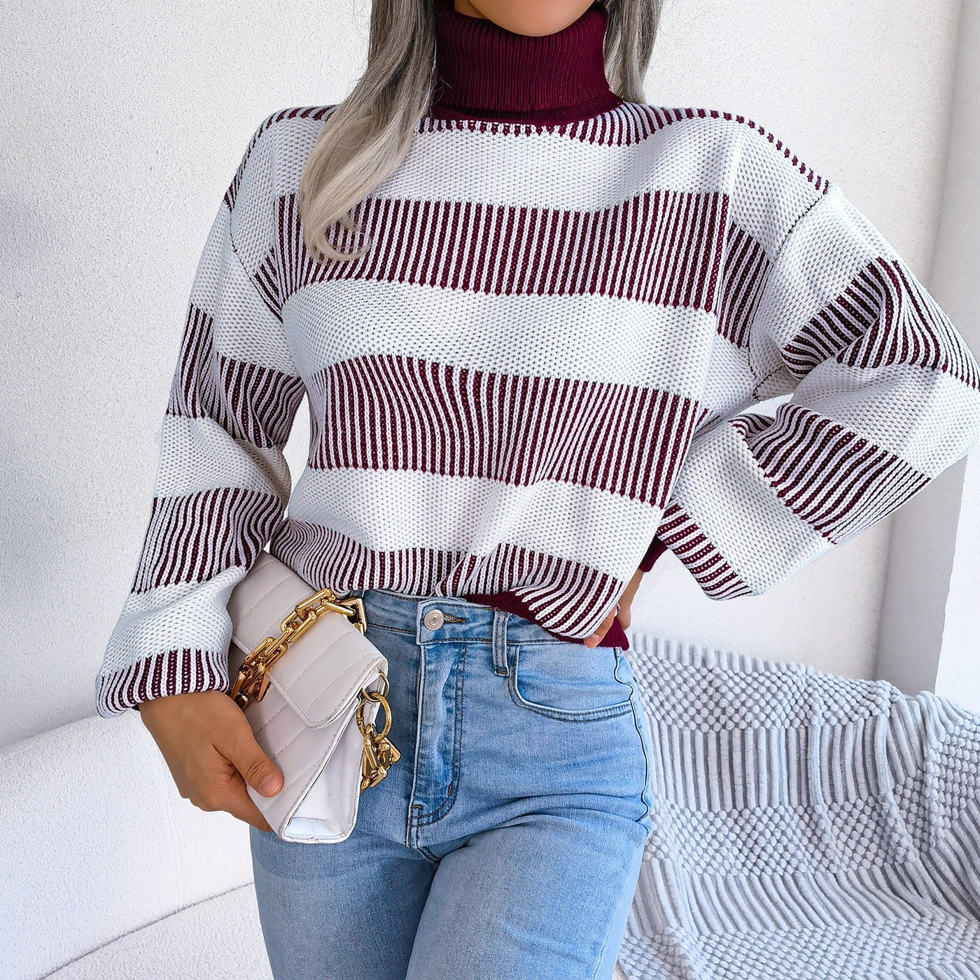 Women's wide striped knitted turtleneck sweater - Elsy