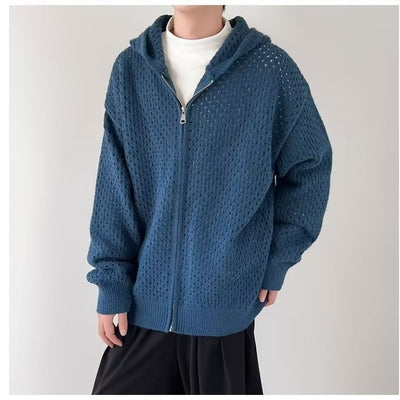Men's openwork knitted cardigan with hood and zipper - Niro