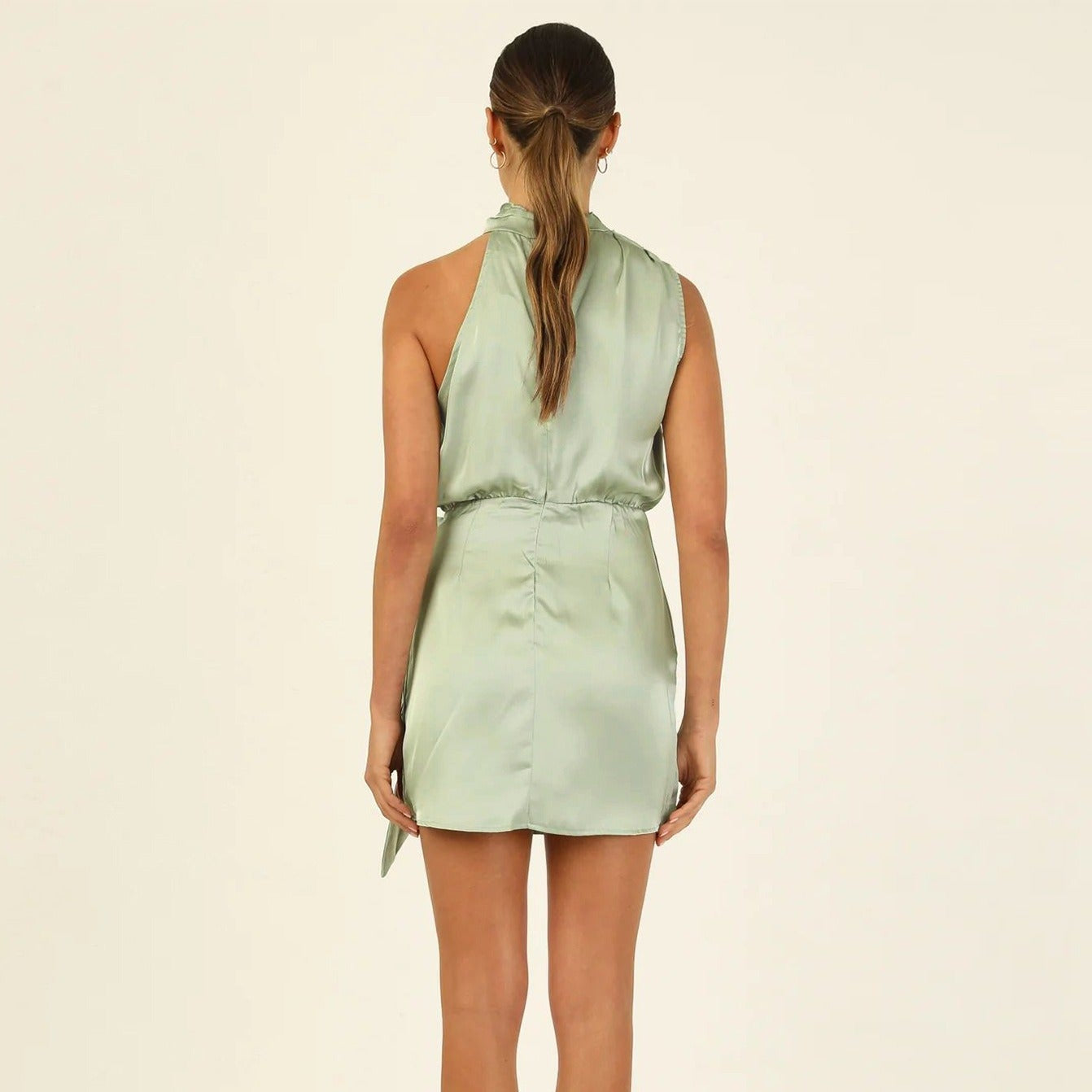 Women's elegant short draped neckline satin dress - Moraima