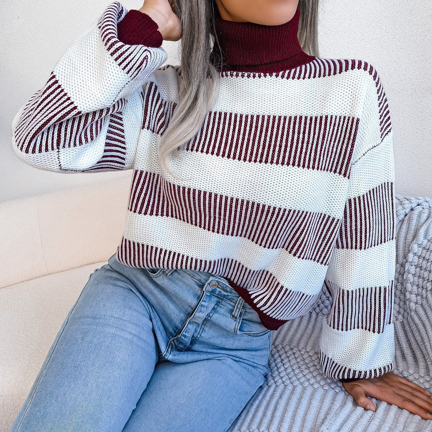 Women's wide striped knitted turtleneck sweater - Elsy