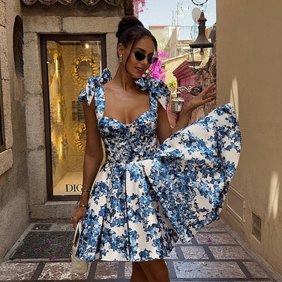 Women's short strapless floral satin strapless dress - Maëlle