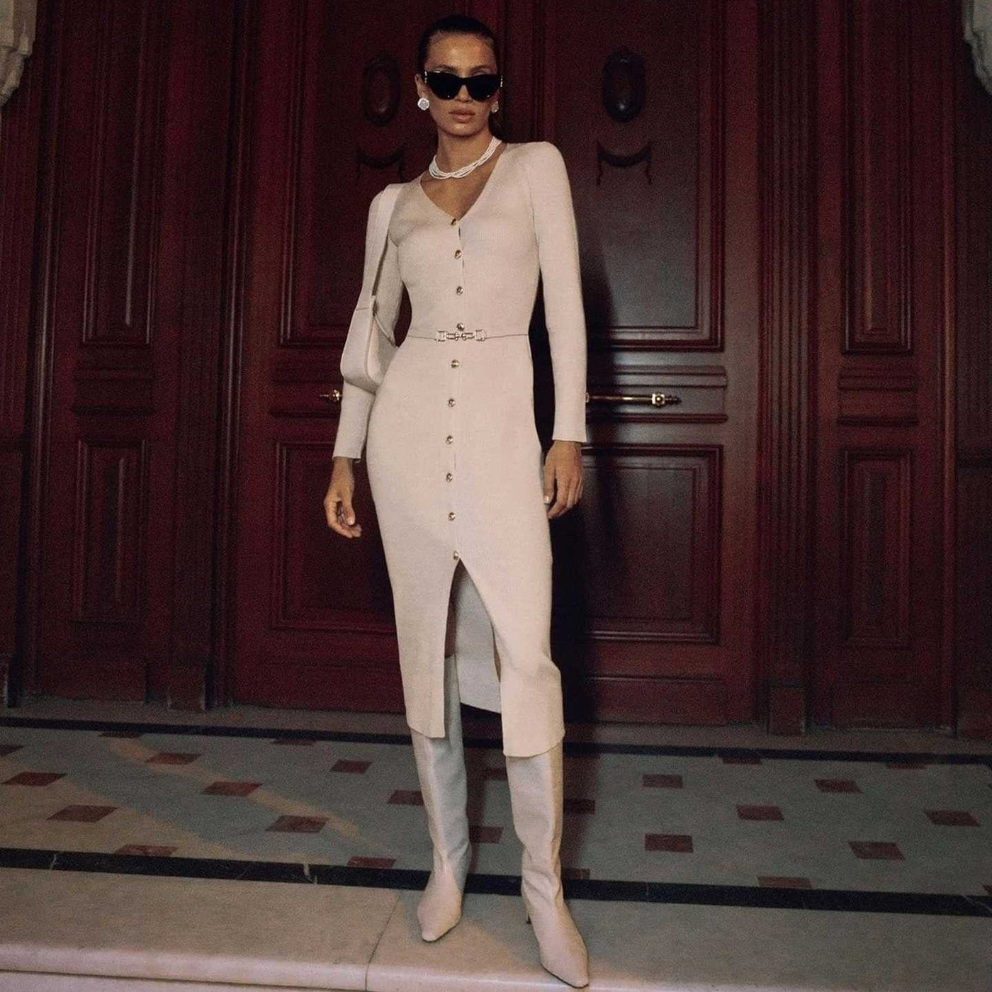 Midi dress knitted buttons thin belt - Maelle