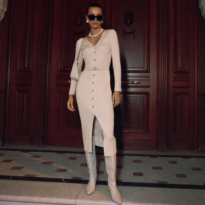 Midi dress knitted buttons thin belt - Maelle