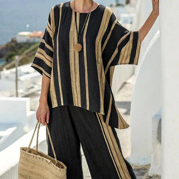 Mediterranean style wide striped linen set for women - Danae
