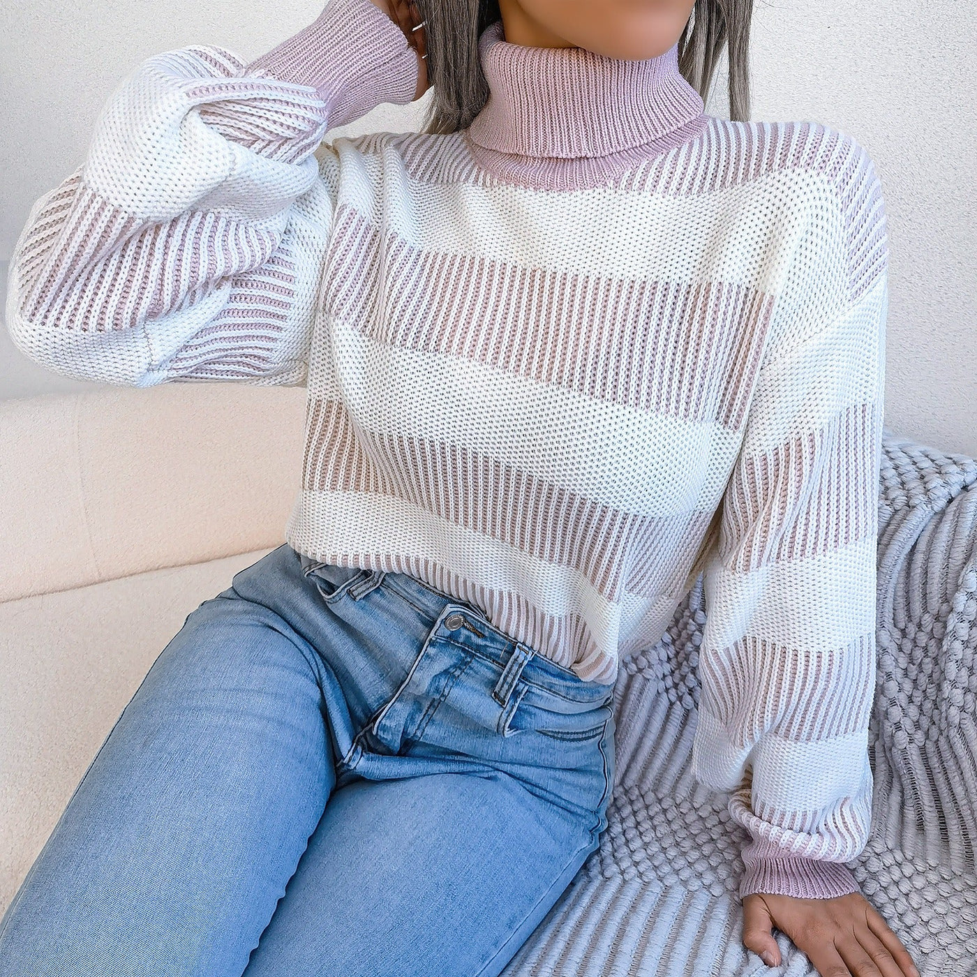Women's wide striped knitted turtleneck sweater - Elsy