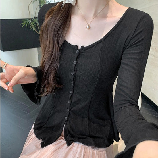 Women's long sleeve ribbed t-shirt with decorative buttons - Delorean