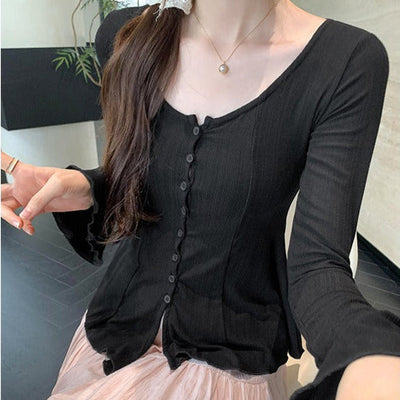 Women's long sleeve ribbed t-shirt with decorative buttons - Delorean