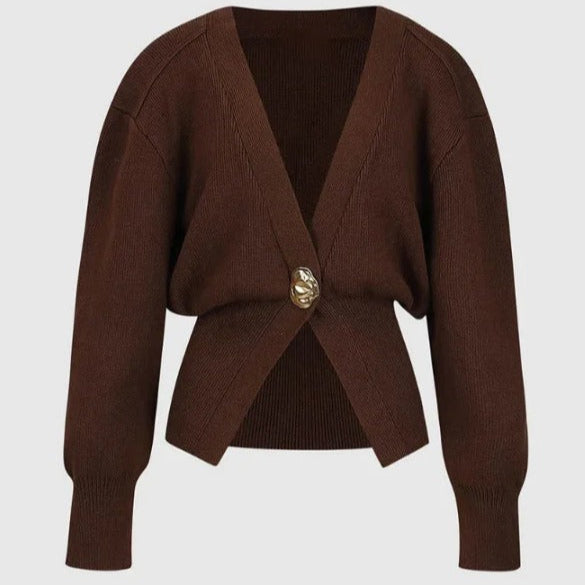 Women's chunky knit cardigan with decorative button - Romane