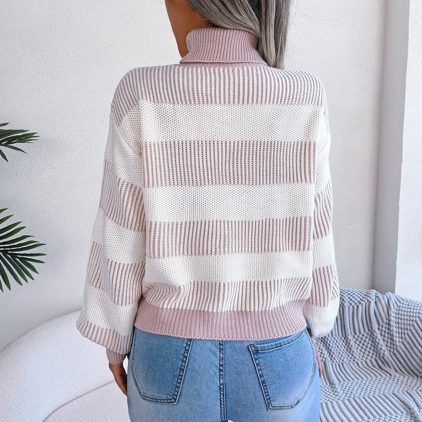 Women's wide striped knitted turtleneck sweater - Elsy