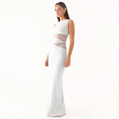 Woman long sleeveless dress with transparent lace - Leontina