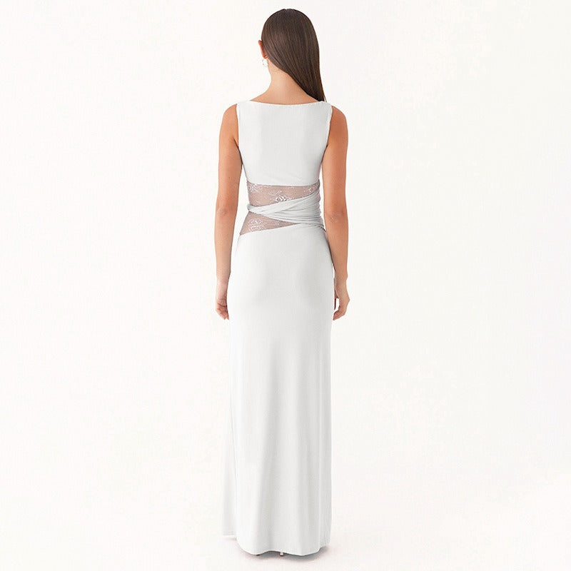 Woman long sleeveless dress with transparent lace - Leontina