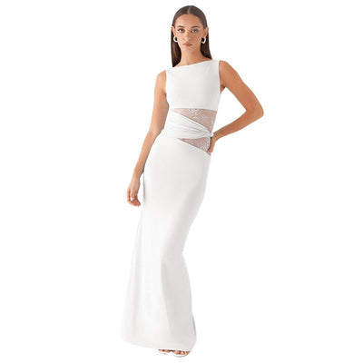 Woman long sleeveless dress with transparent lace - Leontina