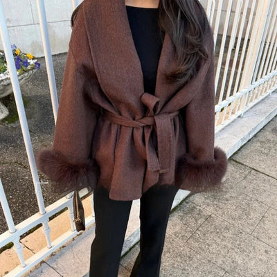 Women's wool coat with wide sleeves and plush cuffs - Carmela