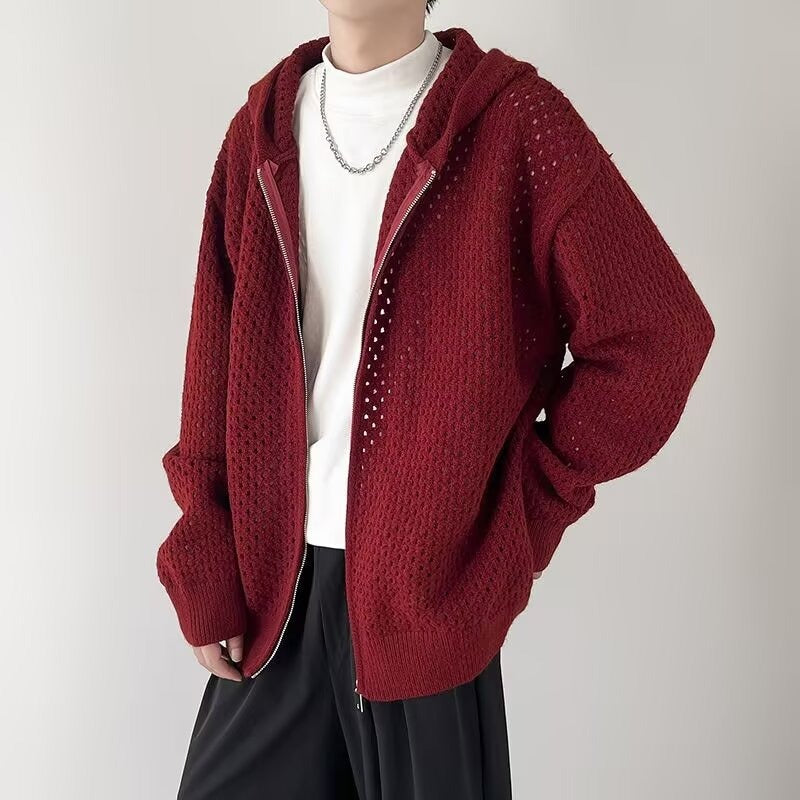 Men's openwork knitted cardigan with hood and zipper - Niro