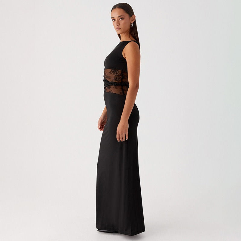 Woman long sleeveless dress with transparent lace - Leontina