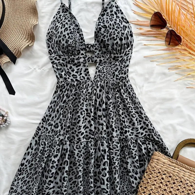 Women's short dress with pleated animal print straps - Enara