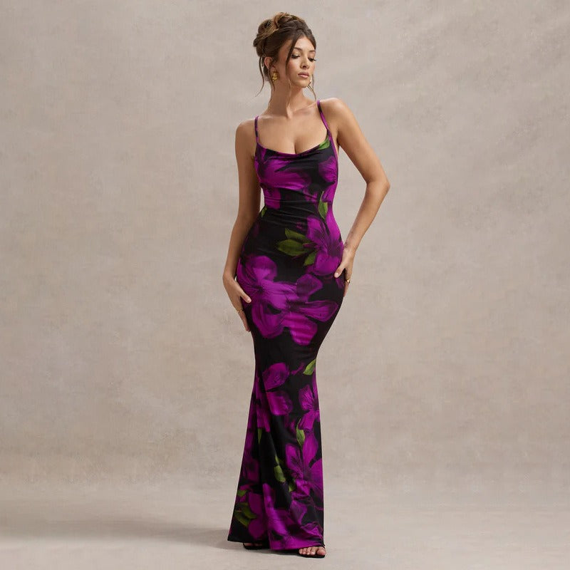 Woman long tight dress with straps floral print - Delia