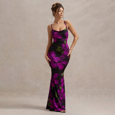 Woman long tight dress with straps floral print - Delia