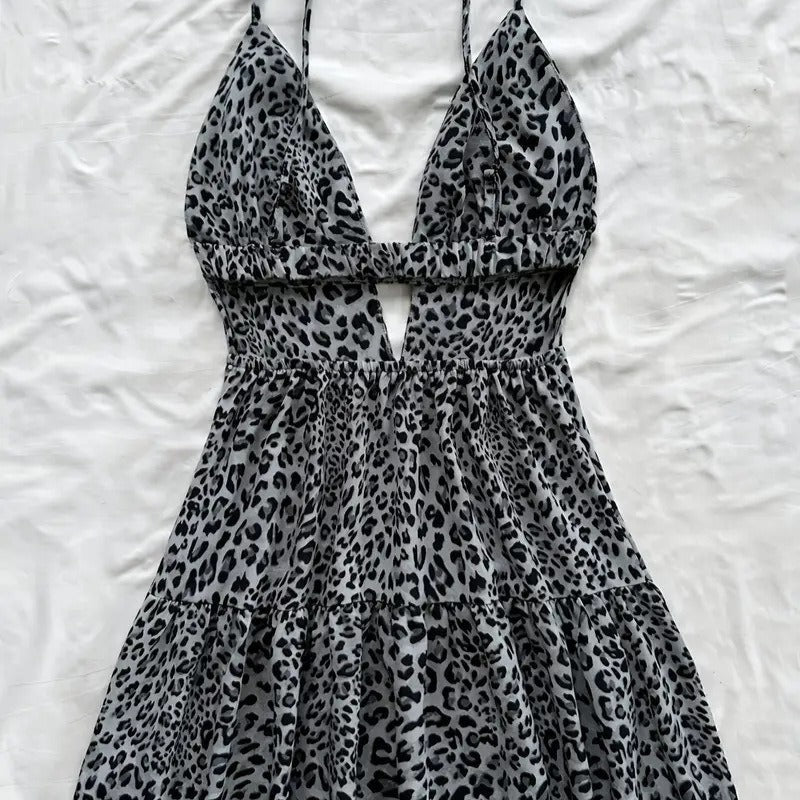 Women's short dress with pleated animal print straps - Enara