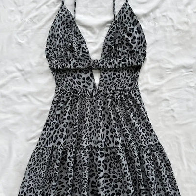 Women's short dress with pleated animal print straps - Enara