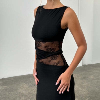 Woman long sleeveless dress with transparent lace - Leontina