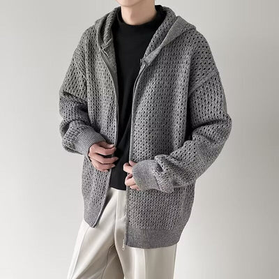 Men's openwork knitted cardigan with hood and zipper - Niro