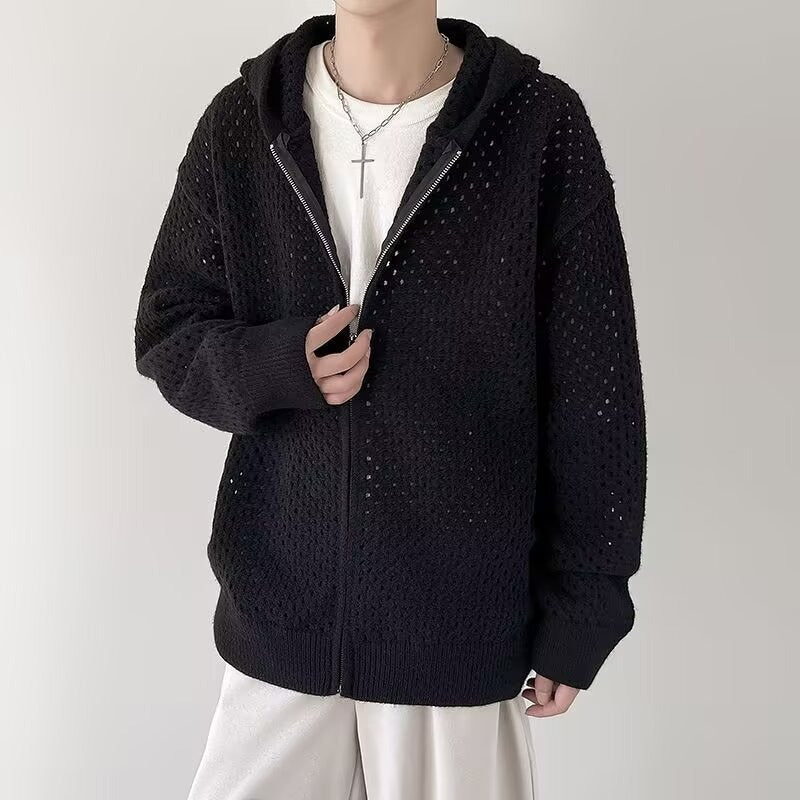 Men's openwork knitted cardigan with hood and zipper - Niro