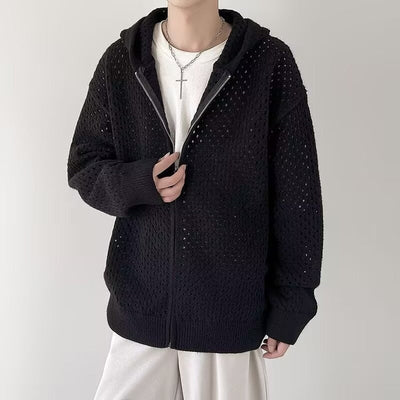 Men's openwork knitted cardigan with hood and zipper - Niro
