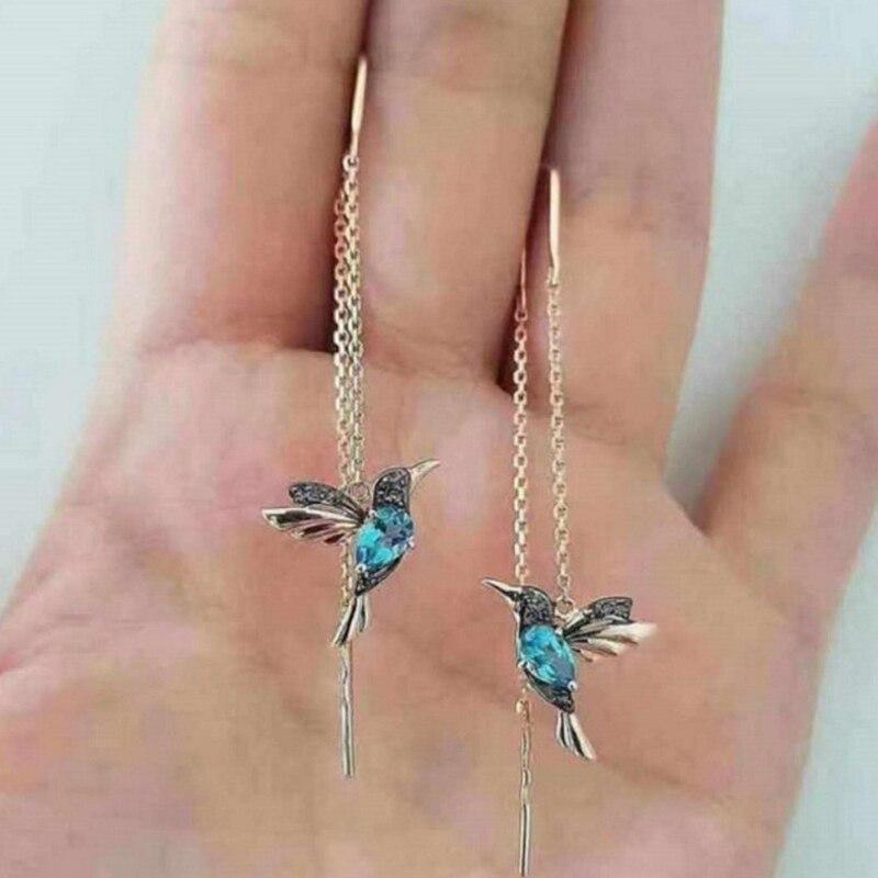 Women's Golden Hummingbird Enameled Pendant Earrings - Katja