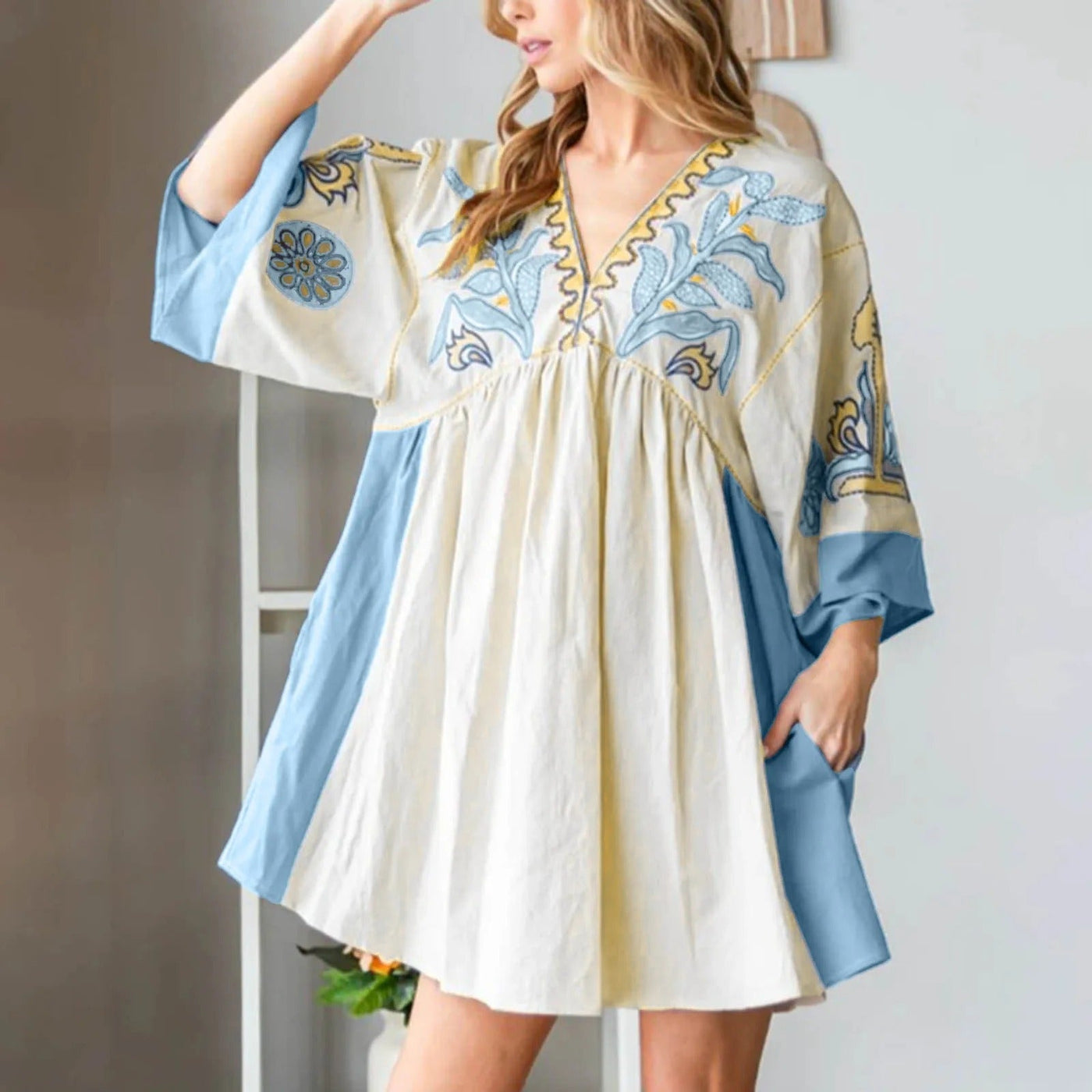 Avery - Floral Printed Sleeves V-neck Dress