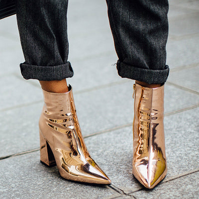 Abigail - Metallic Pointed Toe Chunky Heel Zip Side Ankle Boots