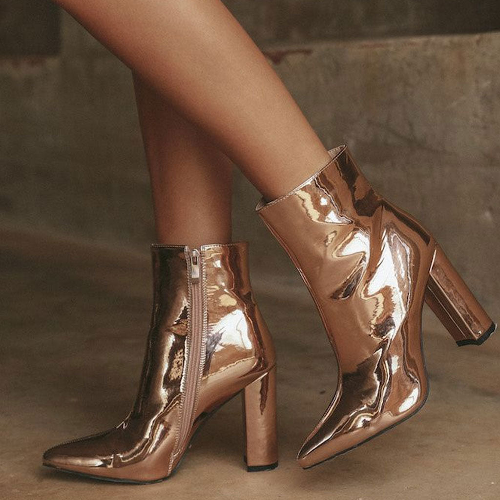Abigail - Metallic Pointed Toe Chunky Heel Zip Side Ankle Boots