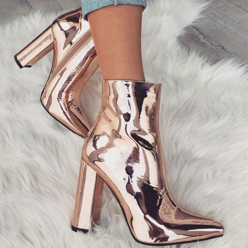 Abigail - Metallic Pointed Toe Chunky Heel Zip Side Ankle Boots
