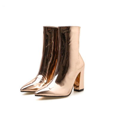 Abigail - Metallic Pointed Toe Chunky Heel Zip Side Ankle Boots