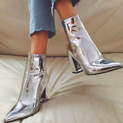 Camila - Metallic Pointed Toe Chunky Heel Zip Side Ankle Boots