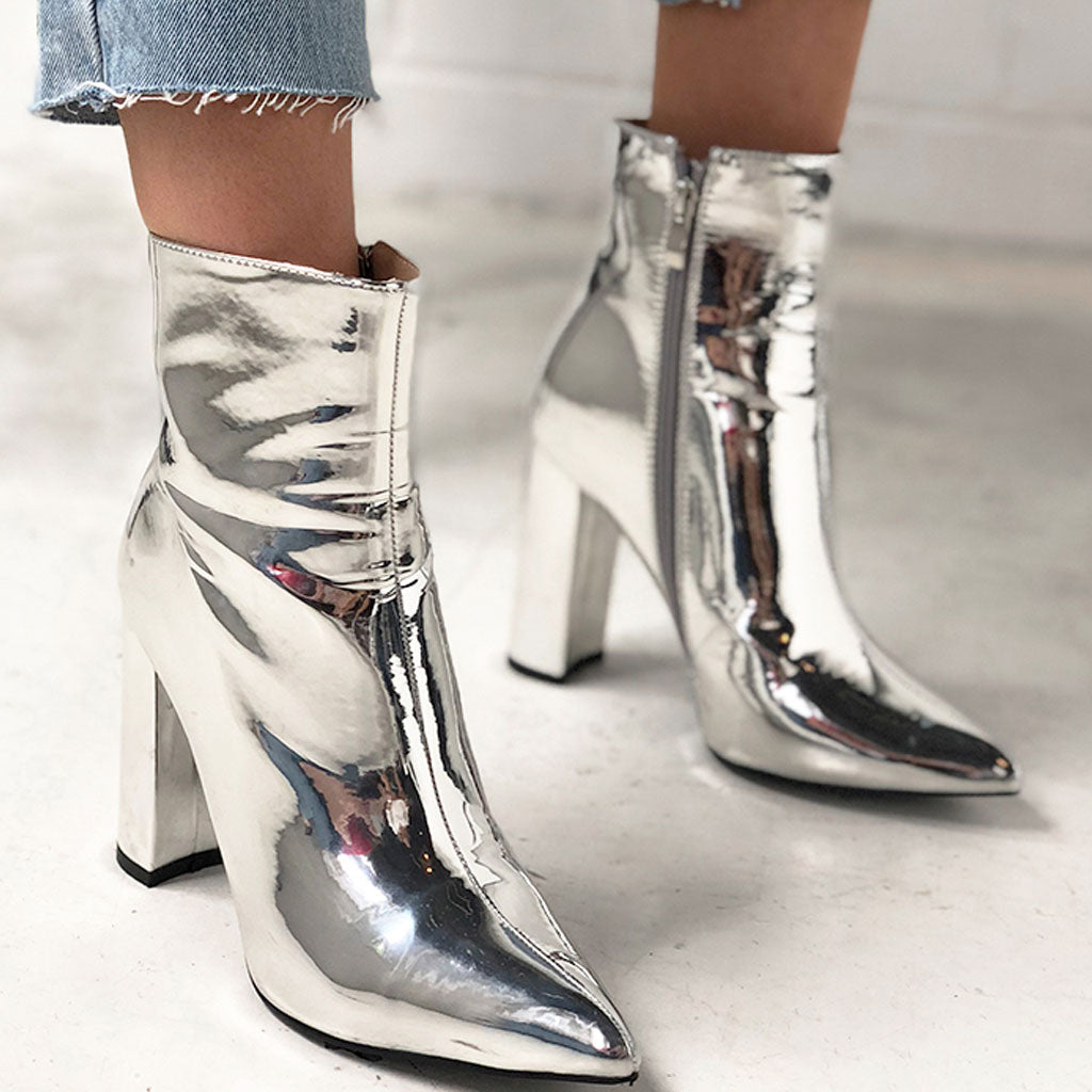 Camila - Metallic Pointed Toe Chunky Heel Zip Side Ankle Boots