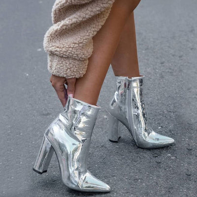 Camila - Metallic Pointed Toe Chunky Heel Zip Side Ankle Boots
