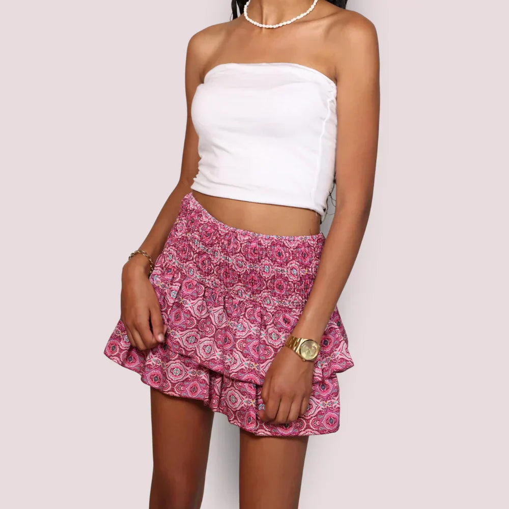 Women's Boho Mini Skirt - Smocked Waist - Pink Pattern - Kalia