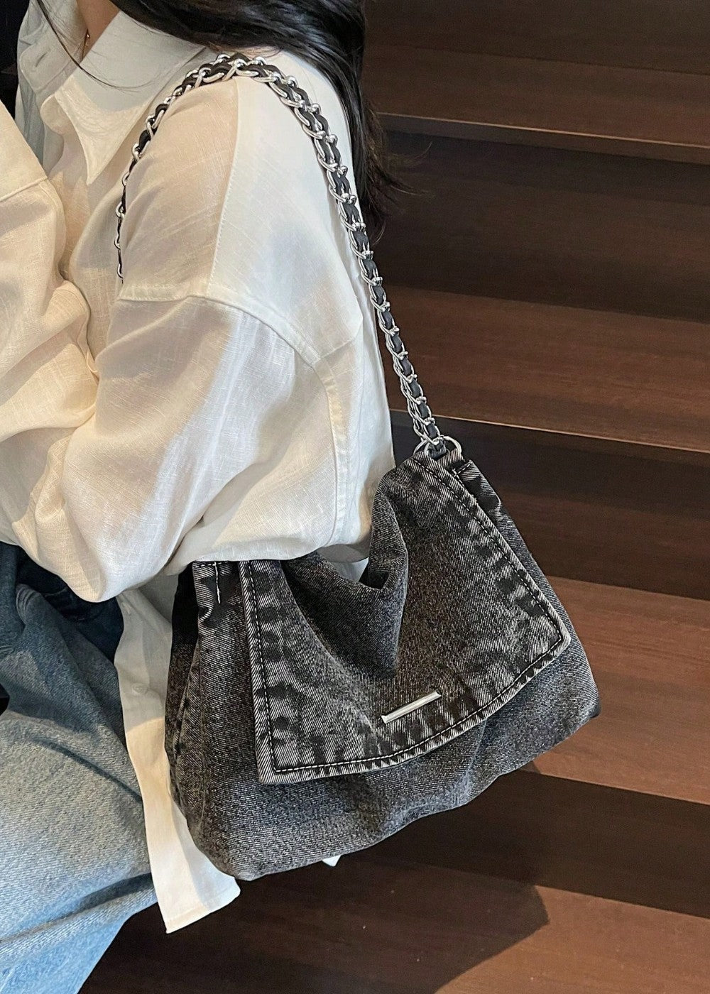 Denim women's bag urban style metallic chain - Briseida