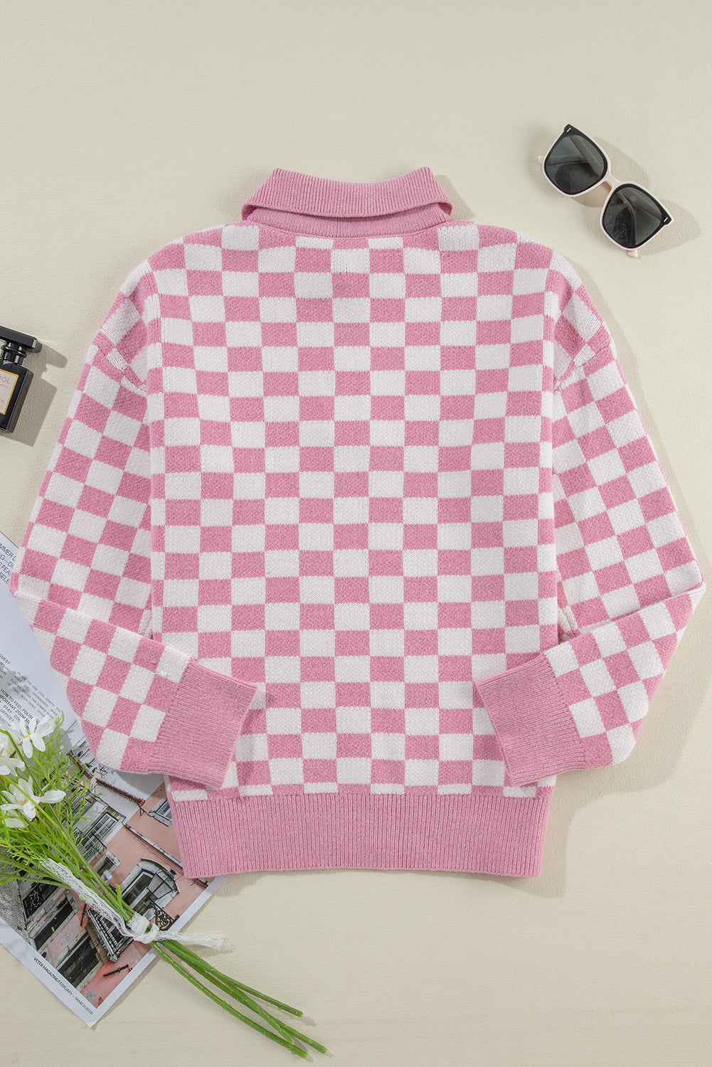 Aude - Checked V-neck jumper with buttons and dropped shoulders